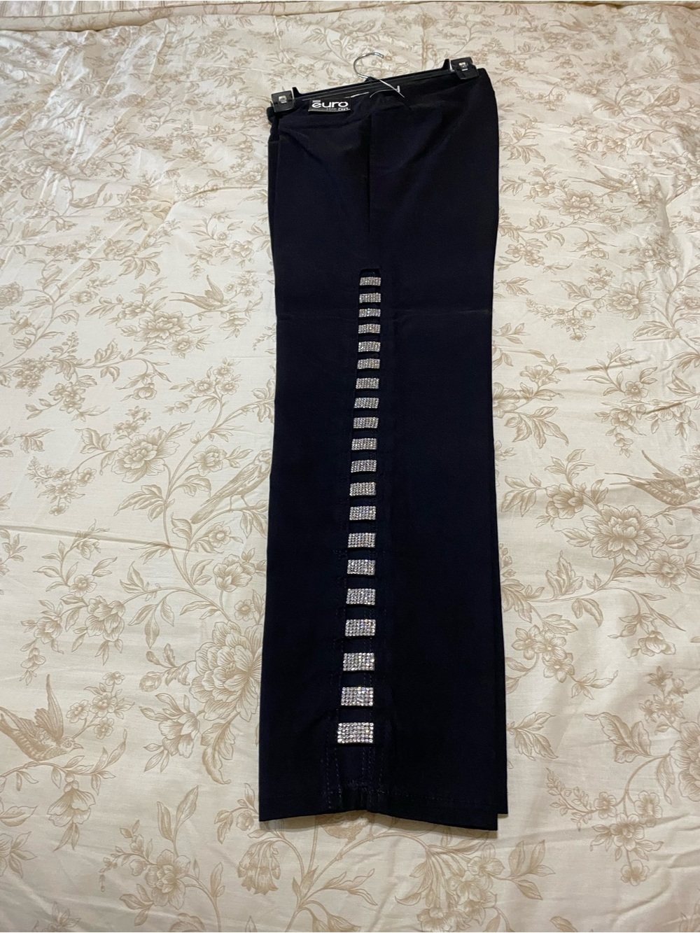 Black Wide-Leg Jeans with Rhinestone Stripe